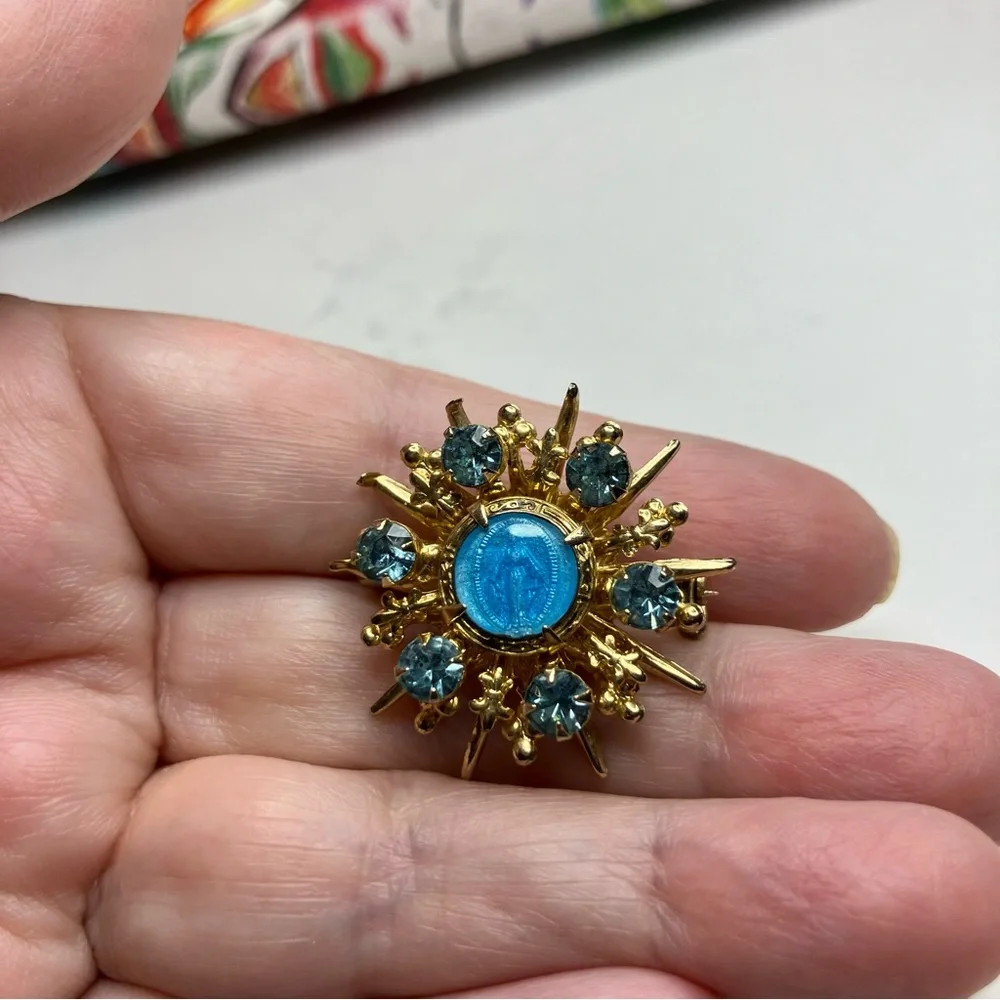 Vintage Virgin Mary Brooch Miraculous Mary Blue Rhinestones